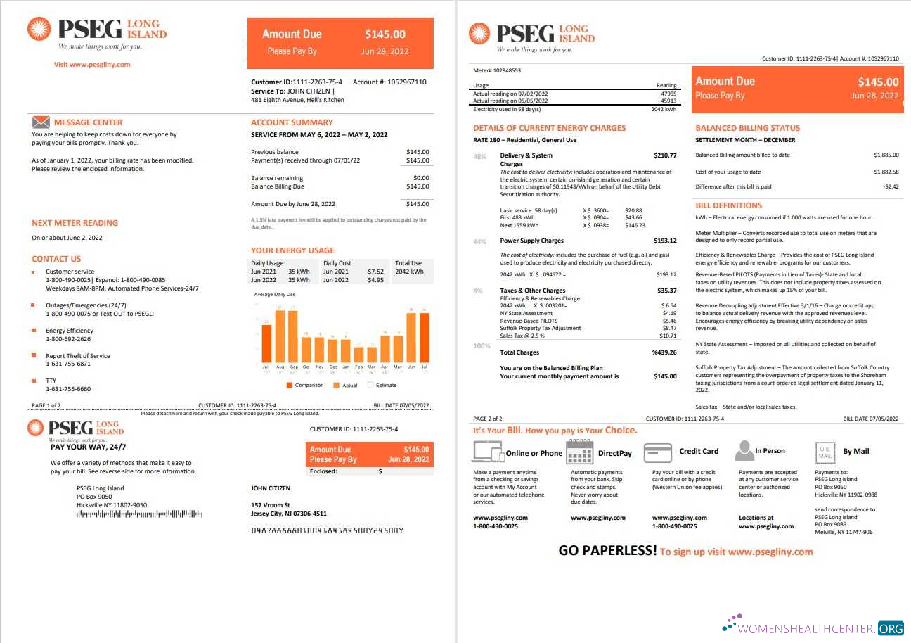 download USA New Jersey PSEG electricity utility bill template in Word and PDF format, 2 pages PDF template